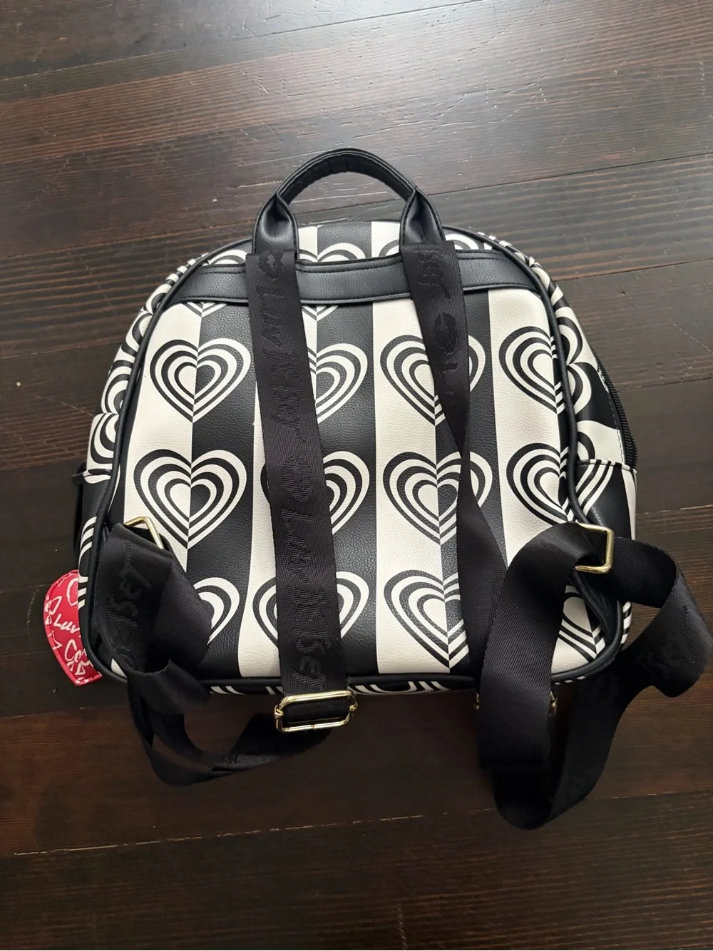 Betsey Johnson Black & White Striped Heart Backpack with Red Heart Accent